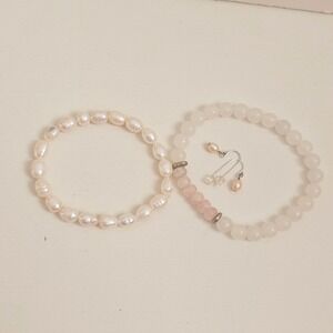 Rose Quartz Bracelet Pearl Beaded Bracelet & Pearl Earring Jewelry Set‎ Women